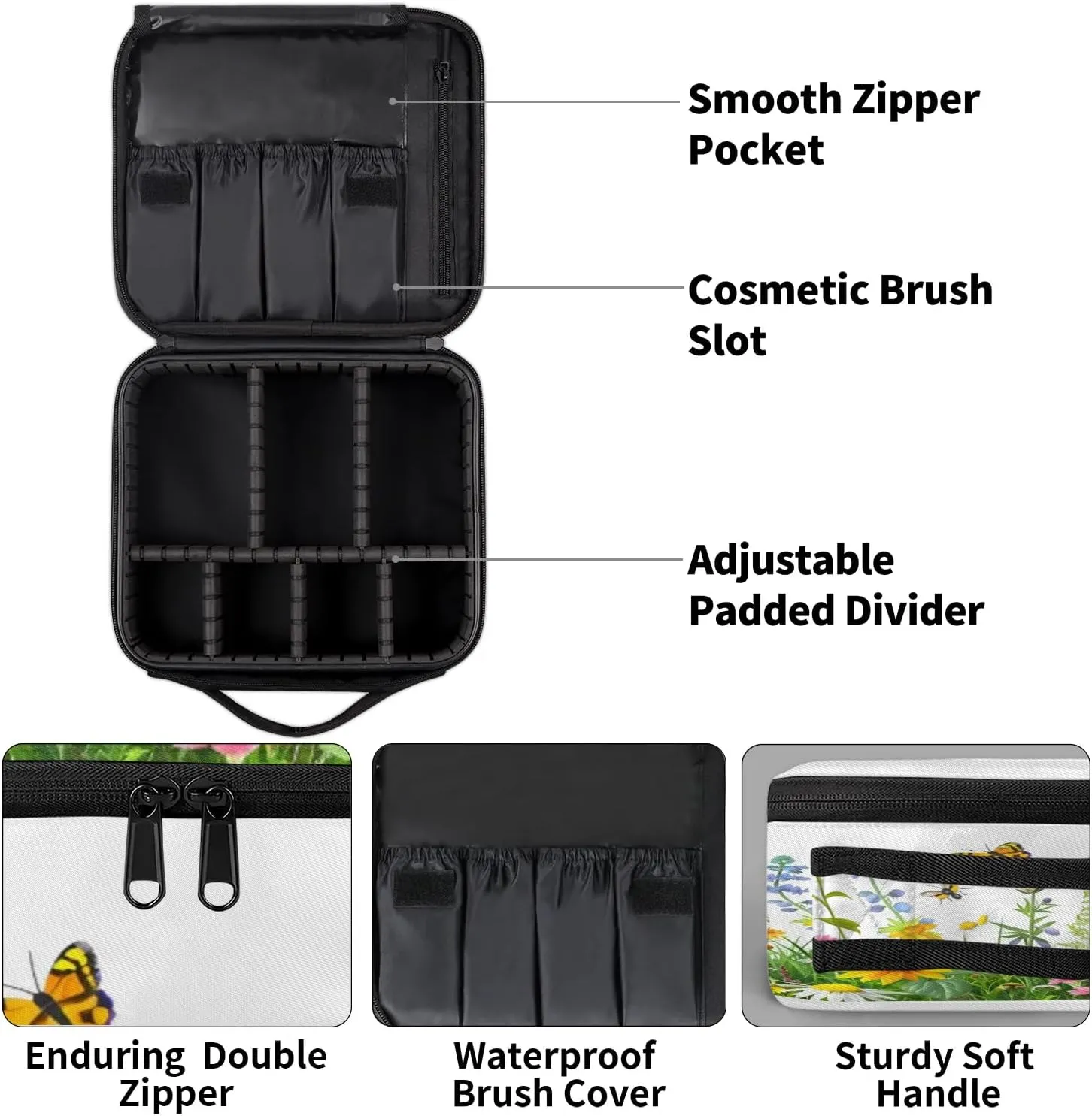 Wildflowers Floral Travel Makeup Train Case Cosmetic Bag Organizer Portable Spring Flowers Seasonal Storage Bag with Adjustable Dividers for Cosmetics Makeup Brushes Toiletry Jewelry