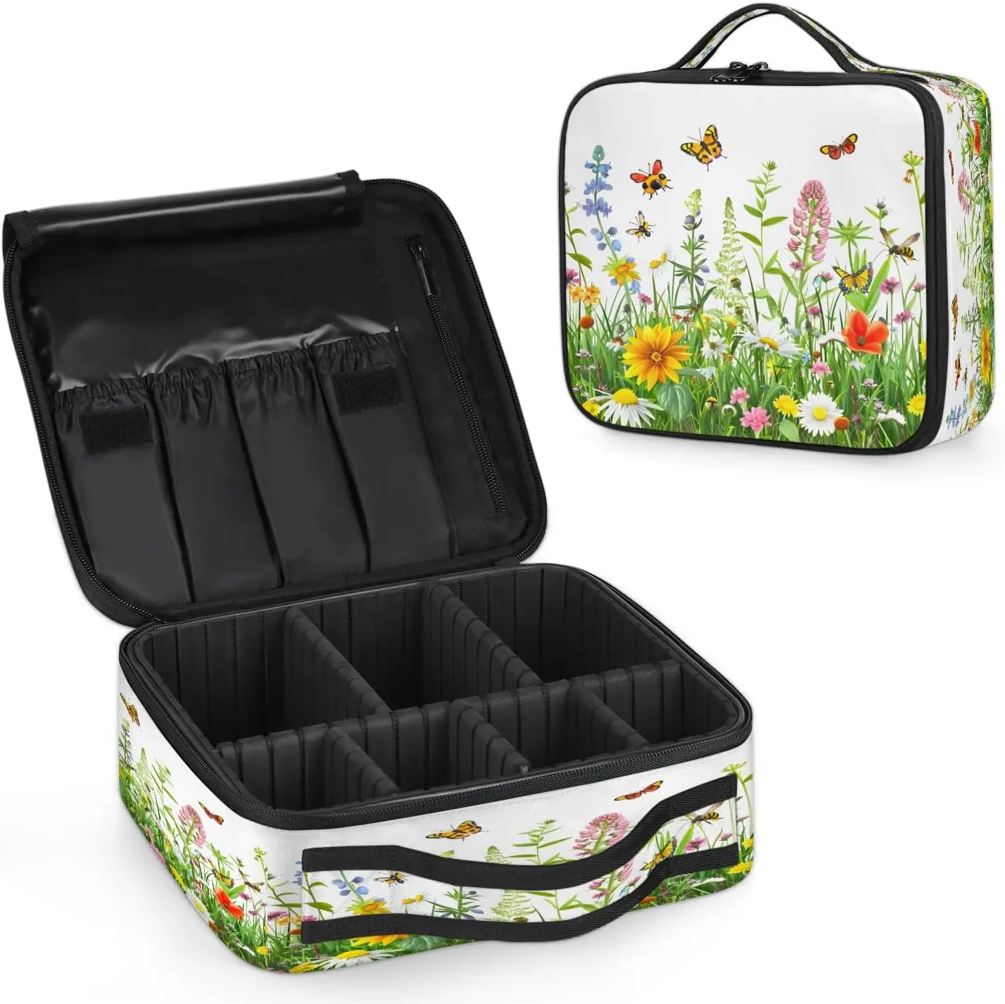 Wildflowers Floral Travel Makeup Train Case Cosmetic Bag Organizer Portable Spring Flowers Seasonal Storage Bag with Adjustable Dividers for Cosmetics Makeup Brushes Toiletry Jewelry