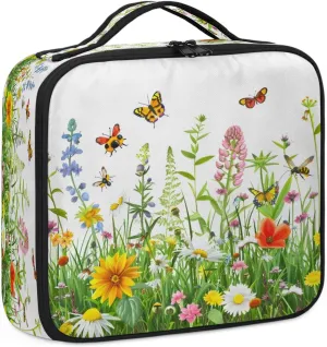 Wildflowers Floral Travel Makeup Train Case Cosmetic Bag Organizer Portable Spring Flowers Seasonal Storage Bag with Adjustable Dividers for Cosmetics Makeup Brushes Toiletry Jewelry