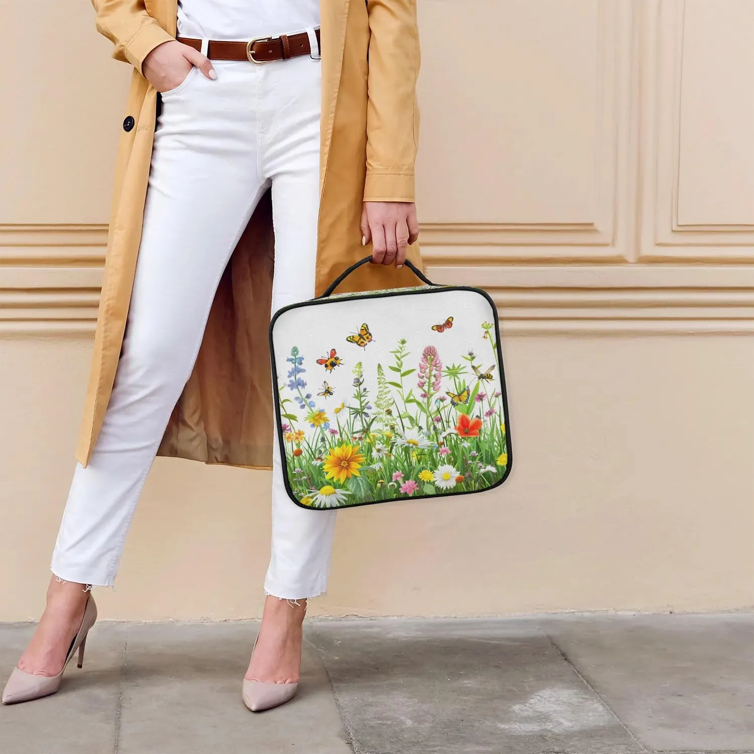 Wildflowers Floral Travel Makeup Train Case Cosmetic Bag Organizer Portable Spring Flowers Seasonal Storage Bag with Adjustable Dividers for Cosmetics Makeup Brushes Toiletry Jewelry