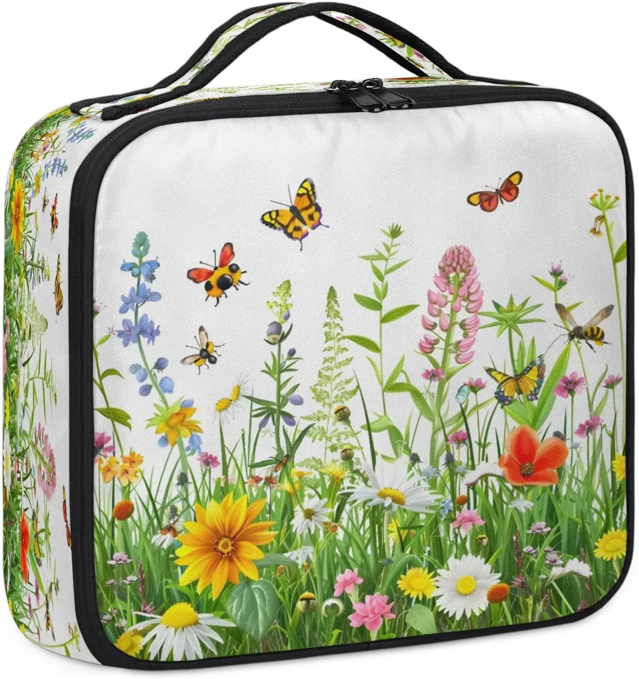 Wildflowers Floral Travel Makeup Train Case Cosmetic Bag Organizer Portable Spring Flowers Seasonal Storage Bag with Adjustable Dividers for Cosmetics Makeup Brushes Toiletry Jewelry