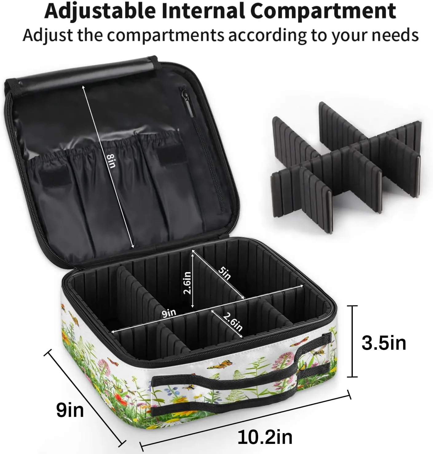 Wildflowers Floral Travel Makeup Train Case Cosmetic Bag Organizer Portable Spring Flowers Seasonal Storage Bag with Adjustable Dividers for Cosmetics Makeup Brushes Toiletry Jewelry