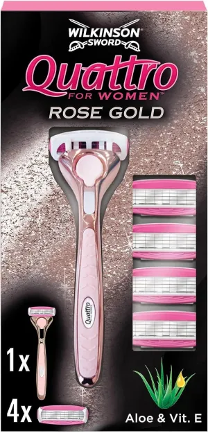 WILKINSON SWORD - Quattro for Women | Premium Metal Rose Gold | Razor Handle   5 Blade Refills