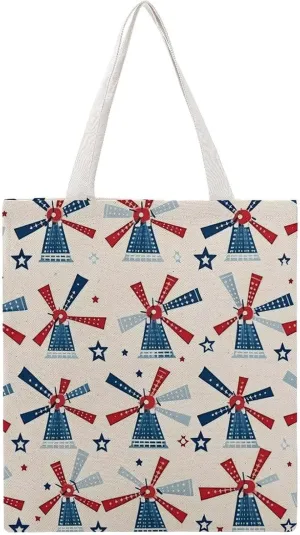 Windmill Patriotic Celebrate America Independence Printing Canvas Tote Bag Reusable Grocery Shopping Bags Washable Handbag 15 X 16 Inch