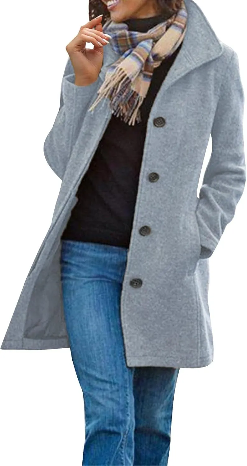 Winter Long Pea Coats for Women Wool Blend Stand Collar Single Breasted Blazer Jacket 2025 Casual Peacoat Overcoat