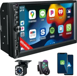 Wireless Double Din Car Stereo Works with Apple Carplay,7 Inch HD 1024 * 600 Touchscreen with Bluetooth 5.1,FM Car Radio,GPS Navigation,Backup Camera,Android Auto,Voice Control，USB/AUX/TF/SWC