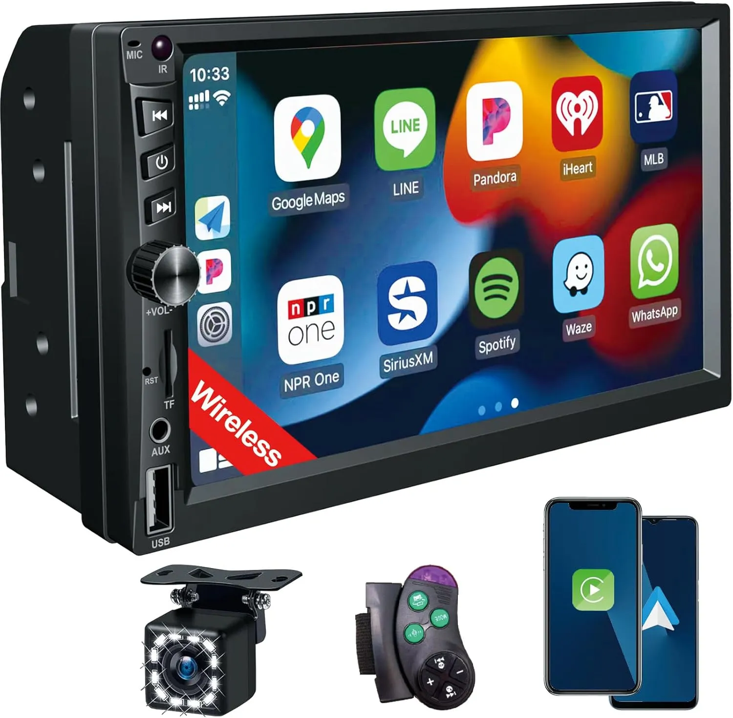 Wireless Double Din Car Stereo Works with Apple Carplay,7 Inch HD 1024 * 600 Touchscreen with Bluetooth 5.1,FM Car Radio,GPS Navigation,Backup Camera,Android Auto,Voice Control，USB/AUX/TF/SWC
