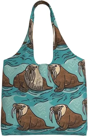 Wise Walrus Print Canvas Tote Bag for Women, Large Capacity Casual Shoulder Handbags for Work Travel Shopping