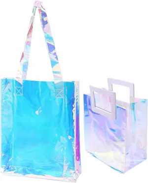 Woeoe Holographic Iridescent Tote Bag Clear Travel Beach Bags Waterproof Beach Bag Shoulder Handbag for Pool Travel