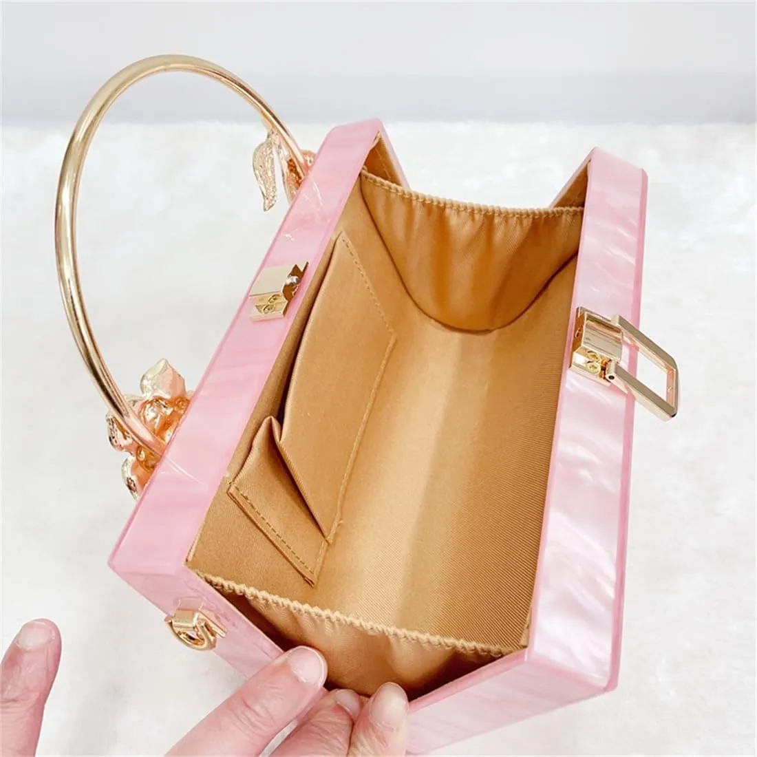 Women Acrylic Evening Clutch Marble Pattern Carved Circle Handle Handbag Square Box Bag for Evening Cocktail Prom