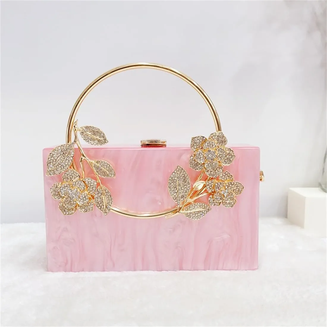 Women Acrylic Evening Clutch Marble Pattern Carved Circle Handle Handbag Square Box Bag for Evening Cocktail Prom