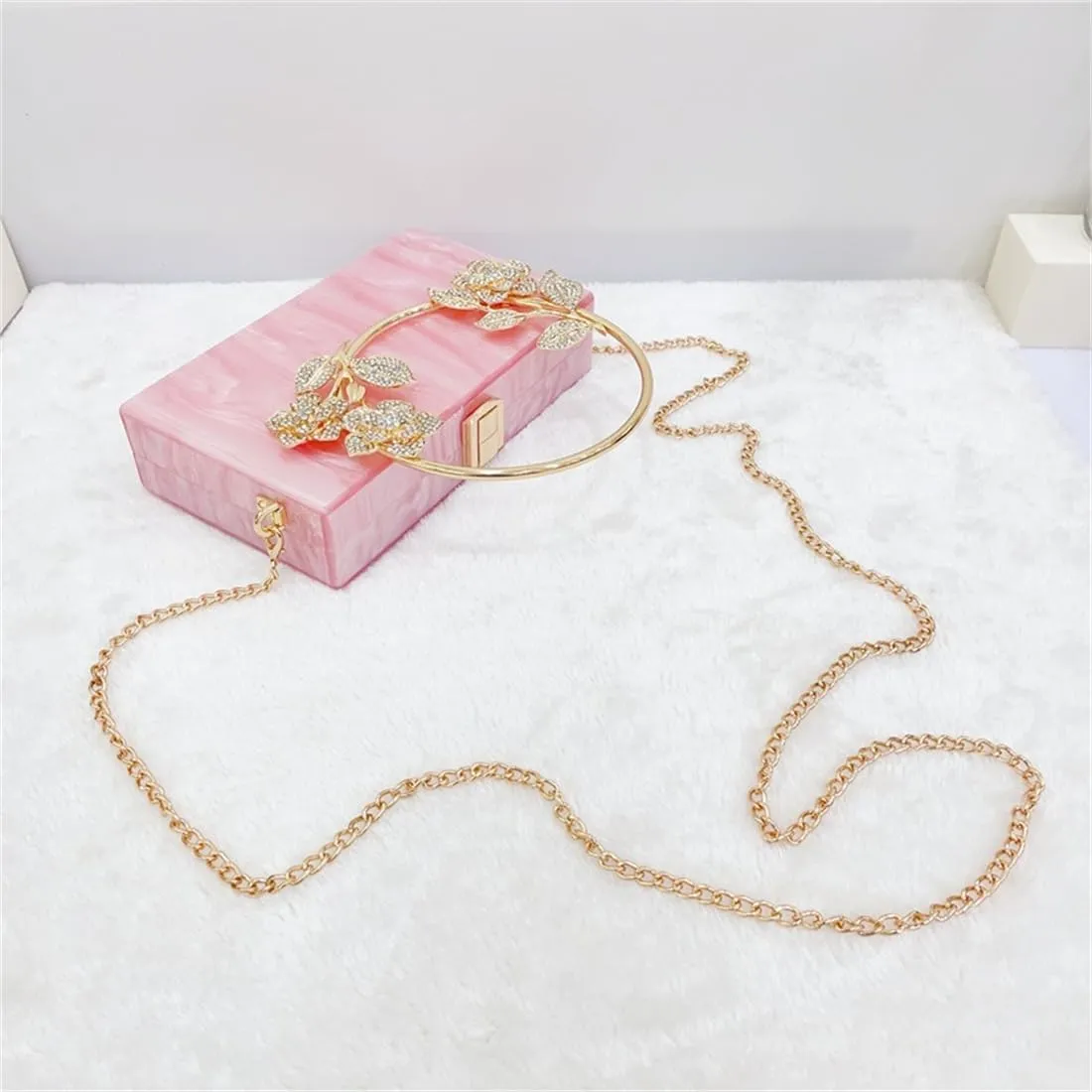 Women Acrylic Evening Clutch Marble Pattern Carved Circle Handle Handbag Square Box Bag for Evening Cocktail Prom
