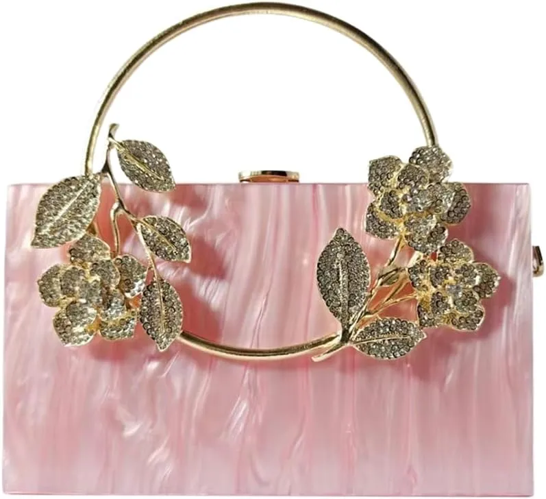 Women Acrylic Evening Clutch Marble Pattern Carved Circle Handle Handbag Square Box Bag for Evening Cocktail Prom