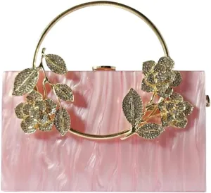 Women Acrylic Evening Clutch Marble Pattern Carved Circle Handle Handbag Square Box Bag for Evening Cocktail Prom