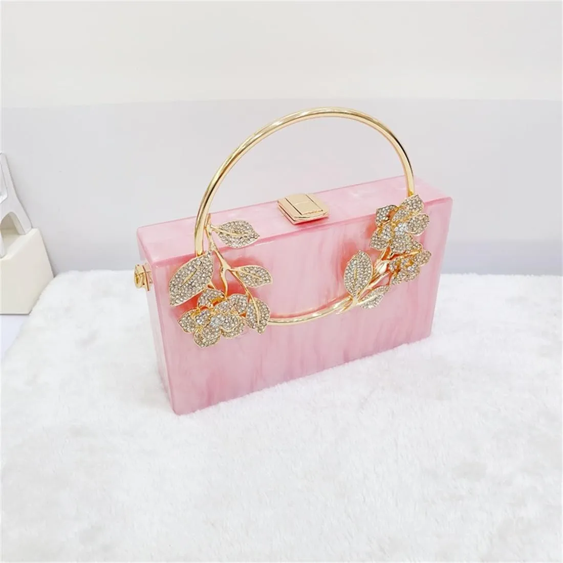 Women Acrylic Evening Clutch Marble Pattern Carved Circle Handle Handbag Square Box Bag for Evening Cocktail Prom