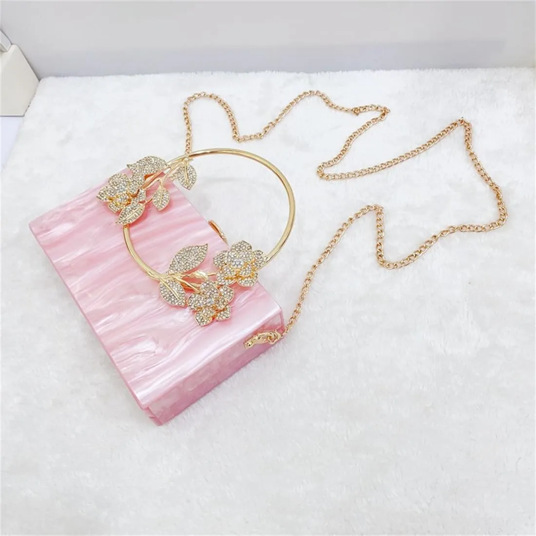 Women Acrylic Evening Clutch Marble Pattern Carved Circle Handle Handbag Square Box Bag for Evening Cocktail Prom