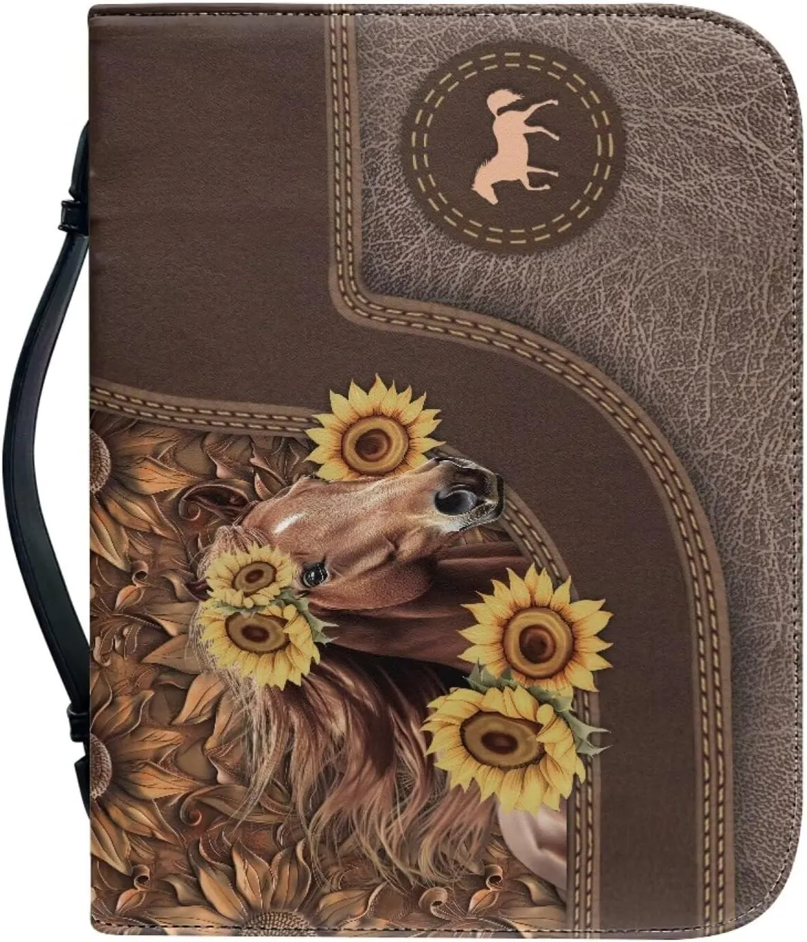 Women Bible Cover Case with Top Handle Tribal Horse Print Men Bible Book Cover Church Bag Carrying Case with Pocket