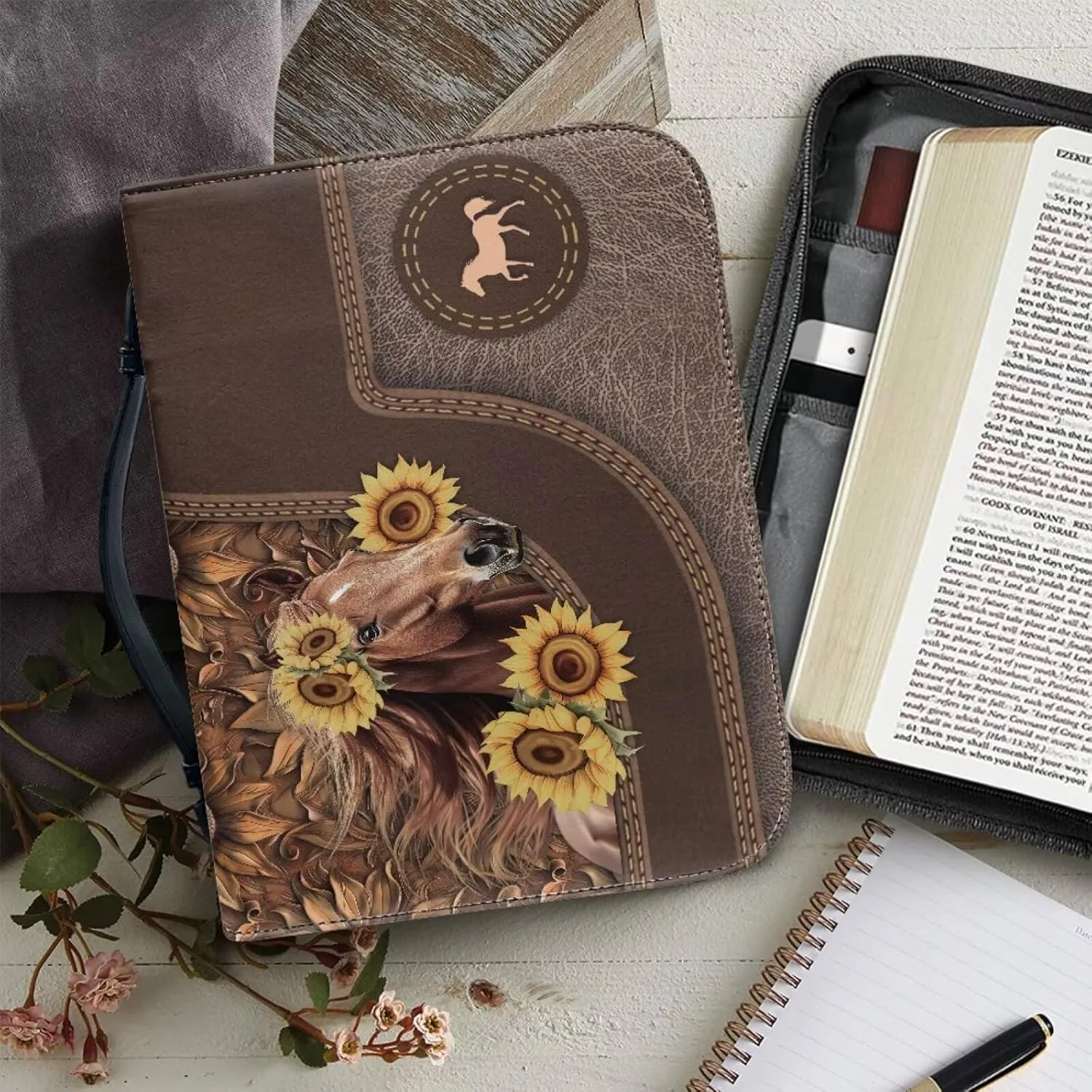 Women Bible Cover Case with Top Handle Tribal Horse Print Men Bible Book Cover Church Bag Carrying Case with Pocket