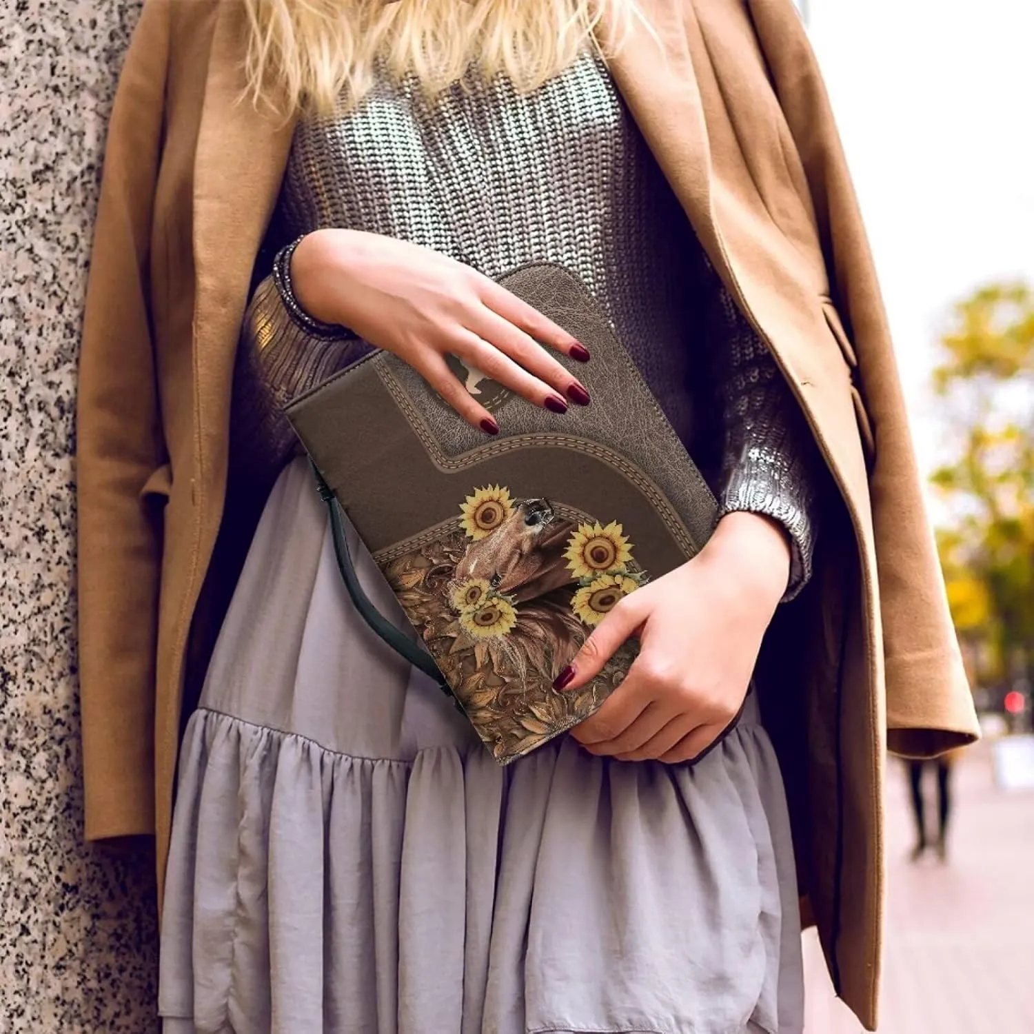 Women Bible Cover Case with Top Handle Tribal Horse Print Men Bible Book Cover Church Bag Carrying Case with Pocket