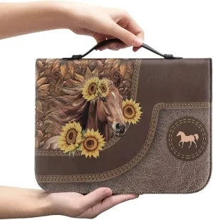 Women Bible Cover Case with Top Handle Tribal Horse Print Men Bible Book Cover Church Bag Carrying Case with Pocket