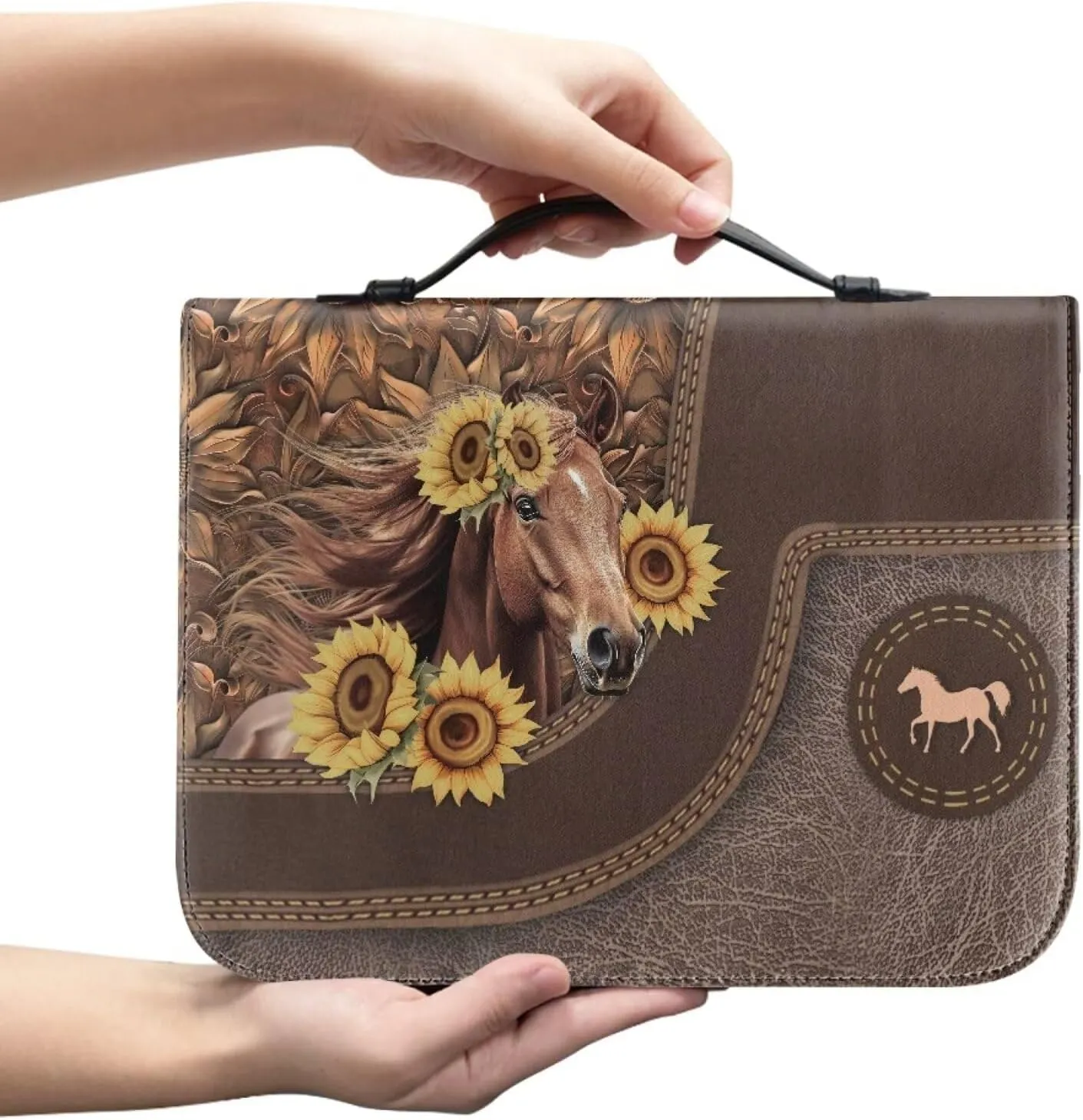Women Bible Cover Case with Top Handle Tribal Horse Print Men Bible Book Cover Church Bag Carrying Case with Pocket