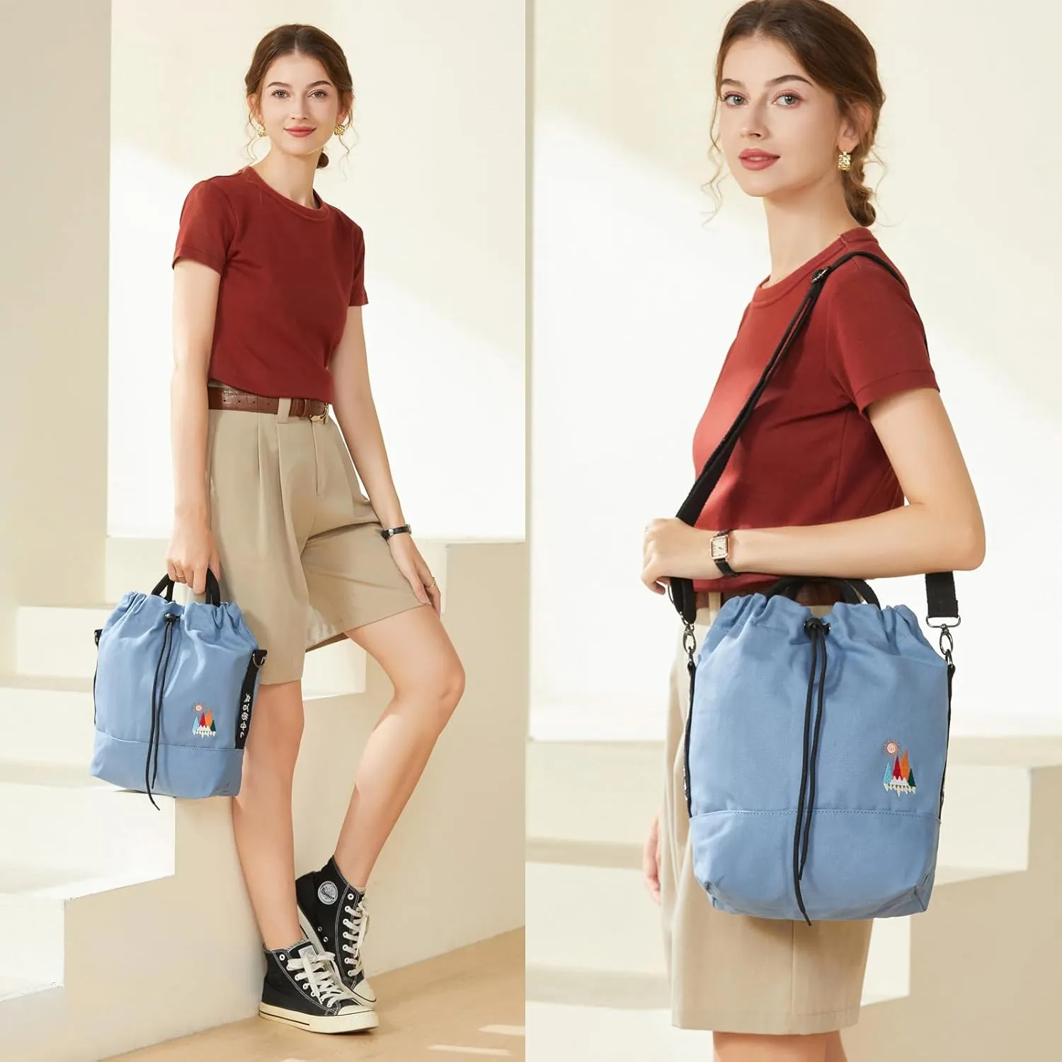 Women Canvas Tote Handbags Casual Shoulder Work Bag Crossbody Bag with Sunshine Embroidery