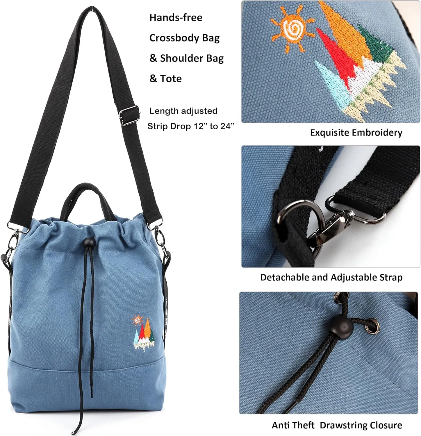 Women Canvas Tote Handbags Casual Shoulder Work Bag Crossbody Bag with Sunshine Embroidery