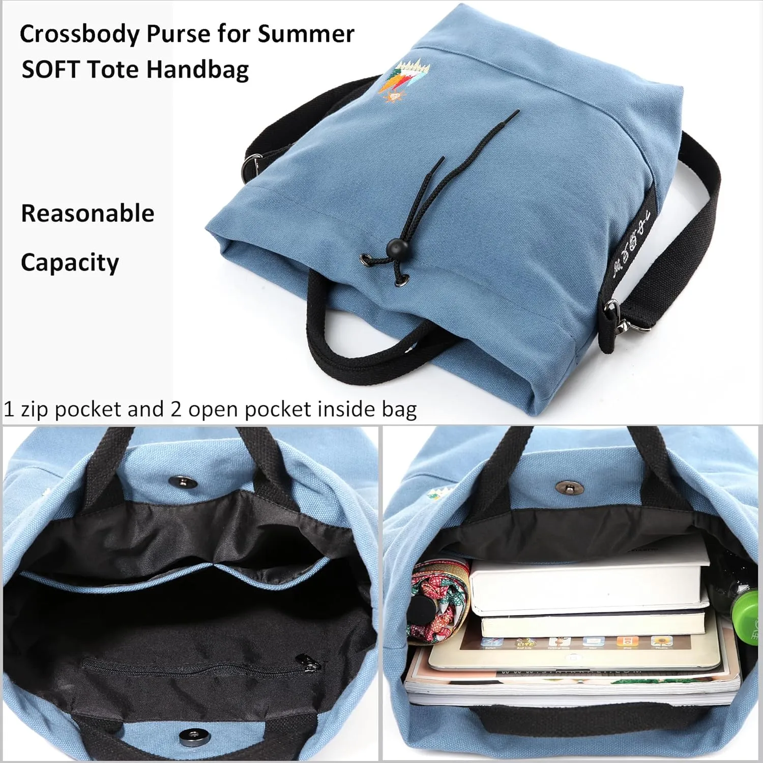 Women Canvas Tote Handbags Casual Shoulder Work Bag Crossbody Bag with Sunshine Embroidery