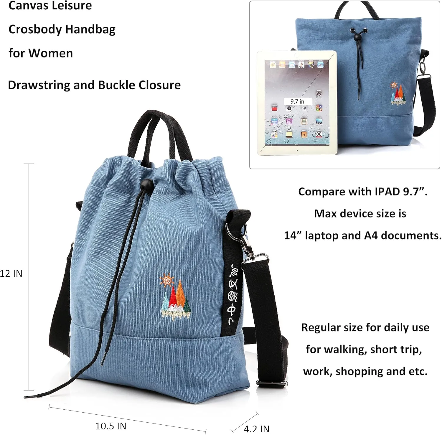 Women Canvas Tote Handbags Casual Shoulder Work Bag Crossbody Bag with Sunshine Embroidery