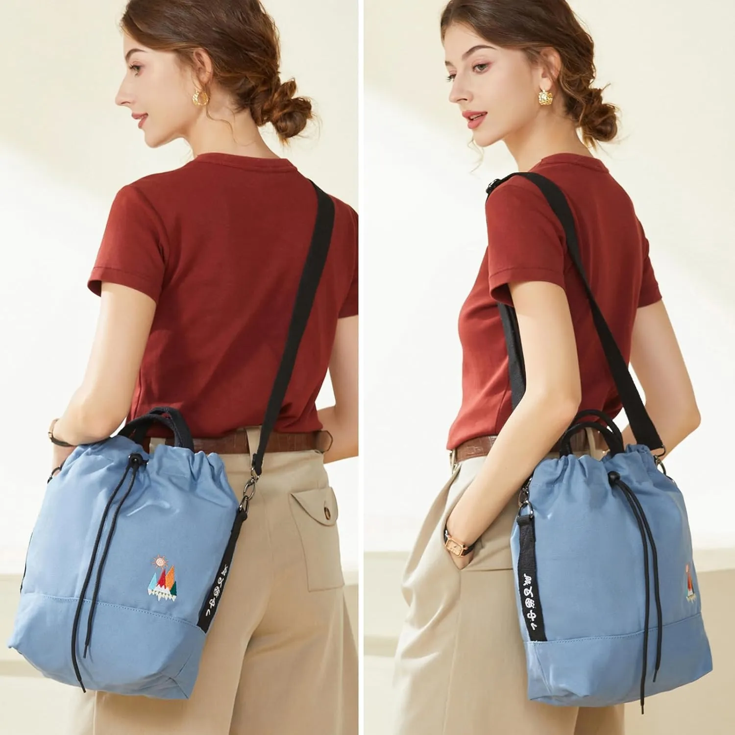 Women Canvas Tote Handbags Casual Shoulder Work Bag Crossbody Bag with Sunshine Embroidery