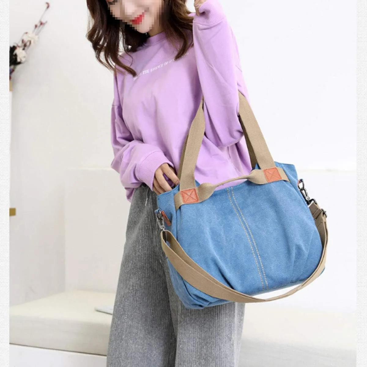 Women Casual Vintage Hobo Canvas Daily Purse Top Handle Shoulder Tote Shopper Handbag
