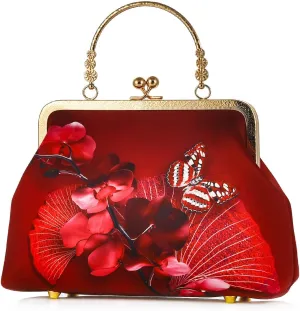 Women China Chic Retro Top-handle Bag Vintage Kiss Lock Tote Handbag Wedding Party Evening Clutch Purse With Chain Strap