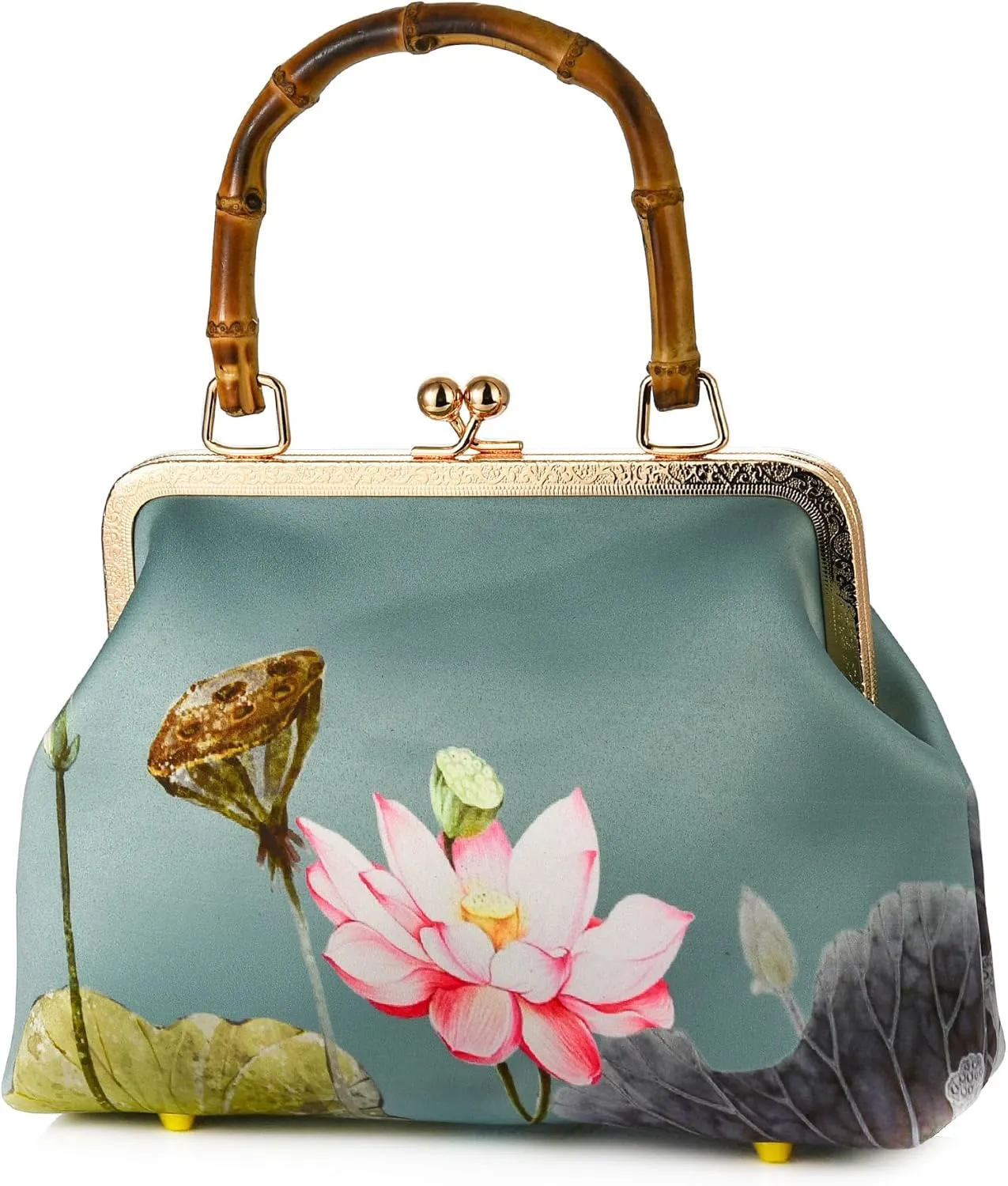 Women Chinese Vintage Evening Purse Floral Kiss Lock Top Handle Handbag with Shoulder Chain Strap For Wedding Party