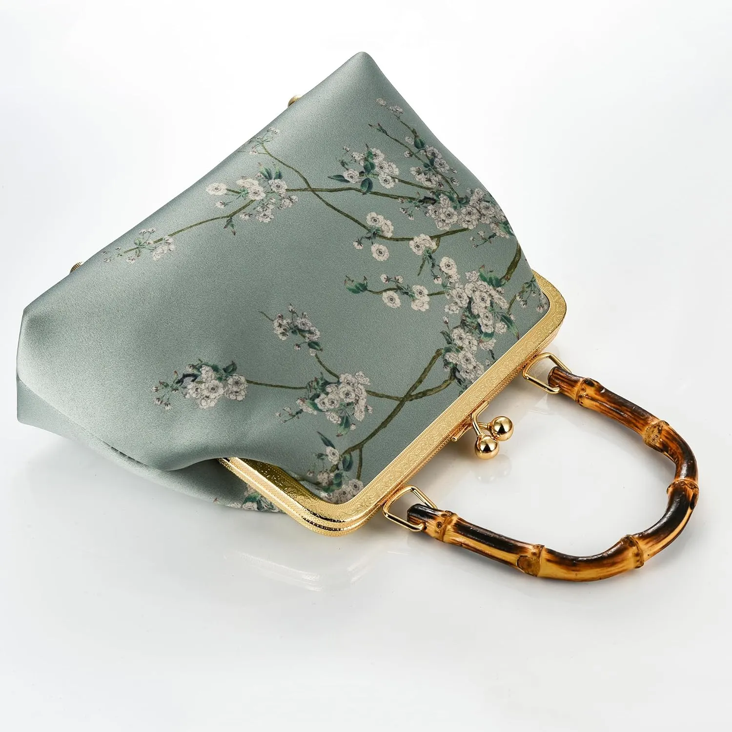 Women Chinese Vintage Evening Purse Floral Kiss Lock Top Handle Handbag with Shoulder Chain Strap For Wedding Party