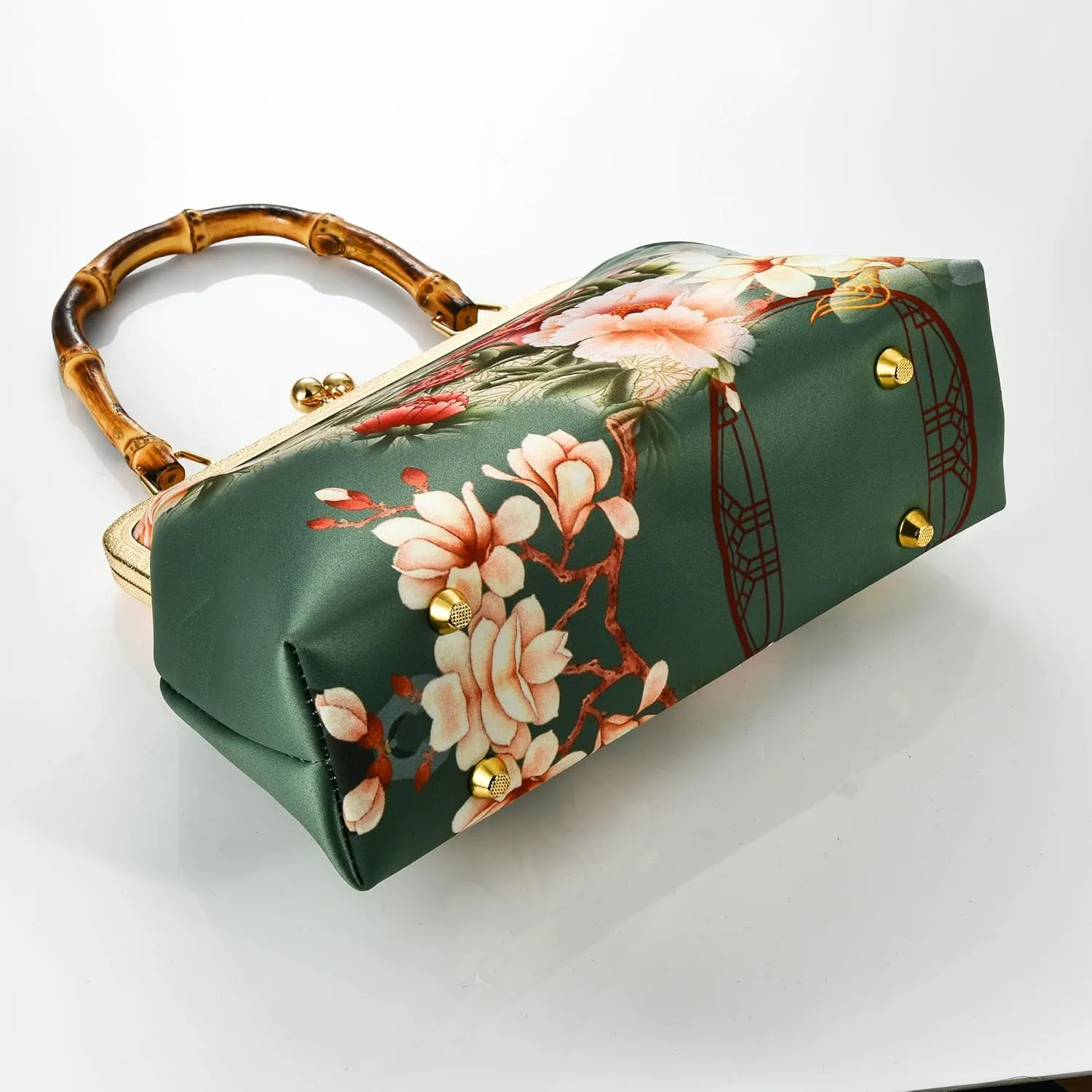 Women Chinese Vintage Evening Purse Floral Kiss Lock Top Handle Handbag with Shoulder Chain Strap For Wedding Party