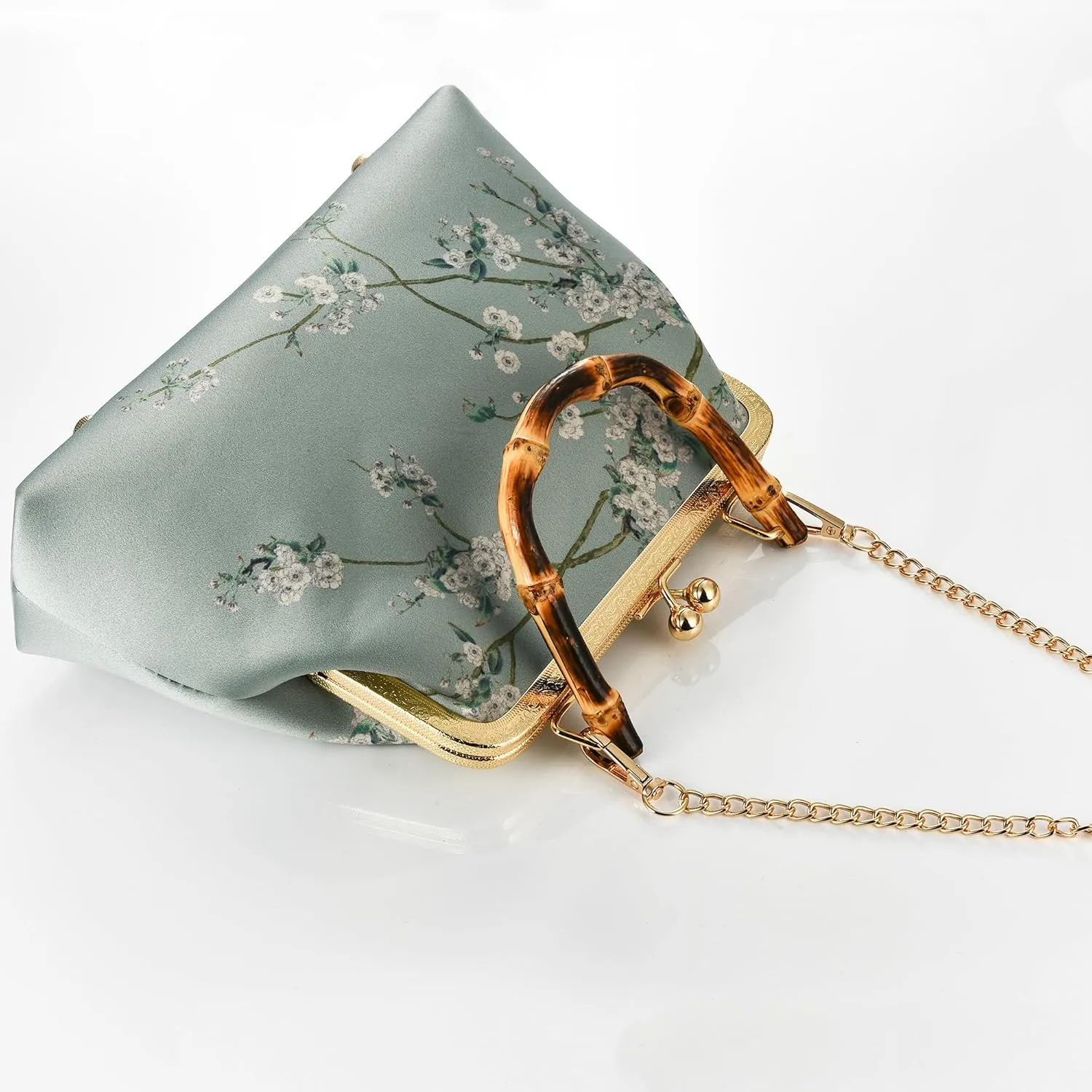 Women Chinese Vintage Evening Purse Floral Kiss Lock Top Handle Handbag with Shoulder Chain Strap For Wedding Party