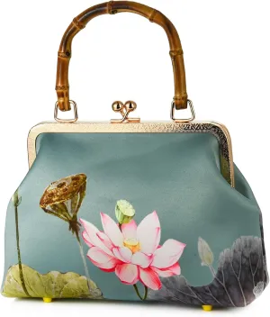 Women Chinese Vintage Evening Purse Floral Kiss Lock Top Handle Handbag with Shoulder Chain Strap For Wedding Party