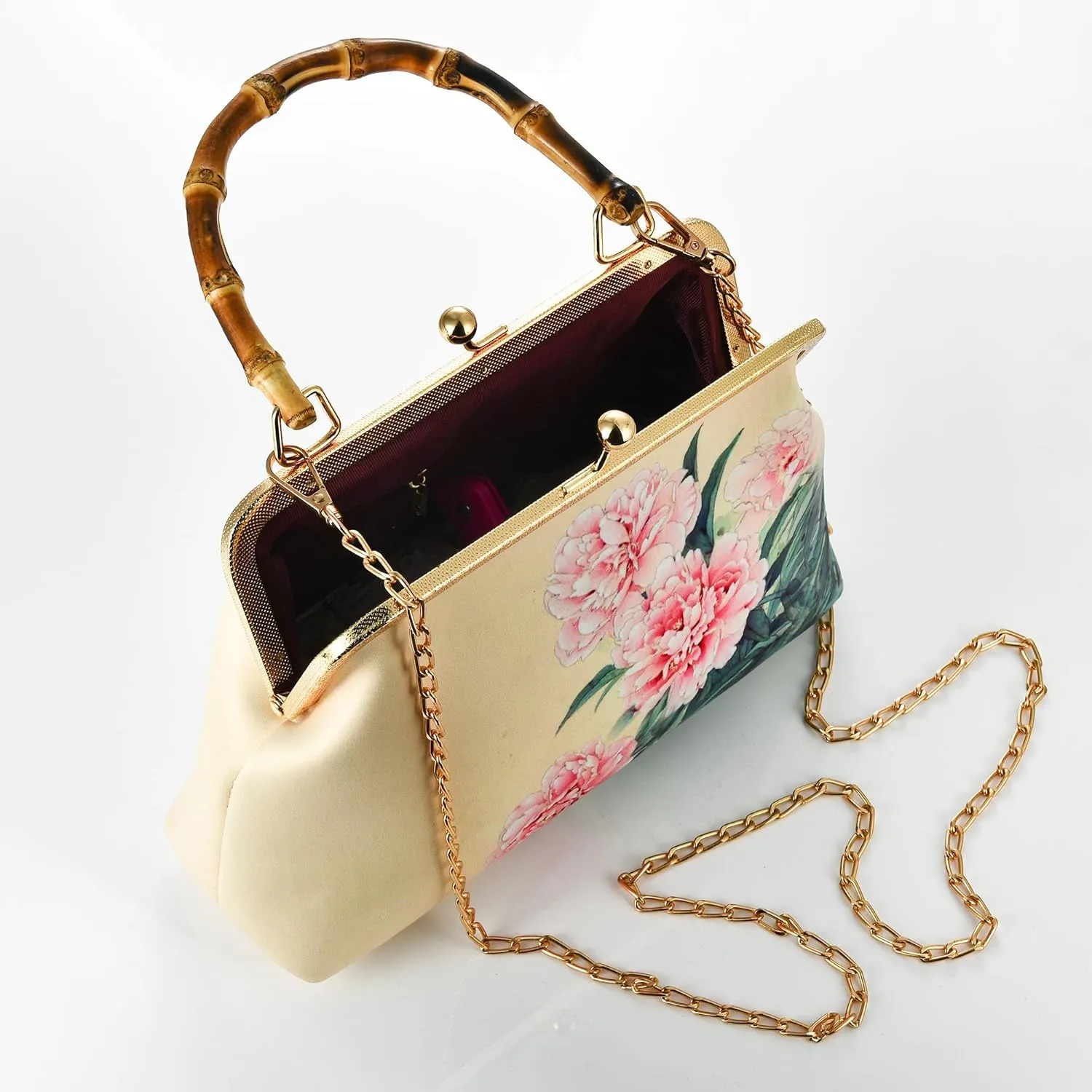 Women Chinese Vintage Evening Purse Floral Kiss Lock Top Handle Handbag with Shoulder Chain Strap For Wedding Party