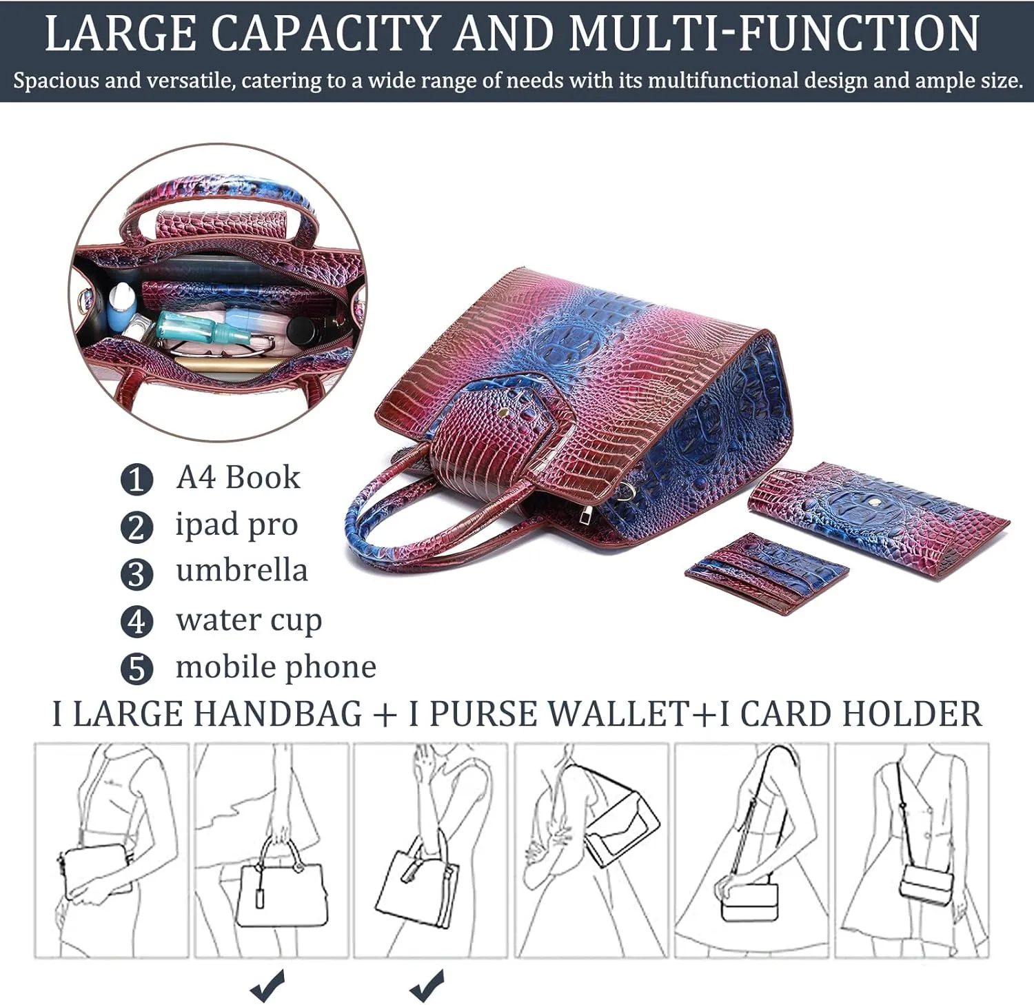 Women Embossed Pattern Satchel Handbags Wallet 3 pcs Set Crossbody Tote Top Handle Vegan Leather Ladies Bag