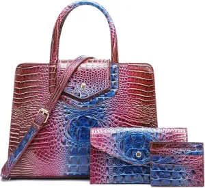 Women Embossed Pattern Satchel Handbags Wallet 3 pcs Set Crossbody Tote Top Handle Vegan Leather Ladies Bag