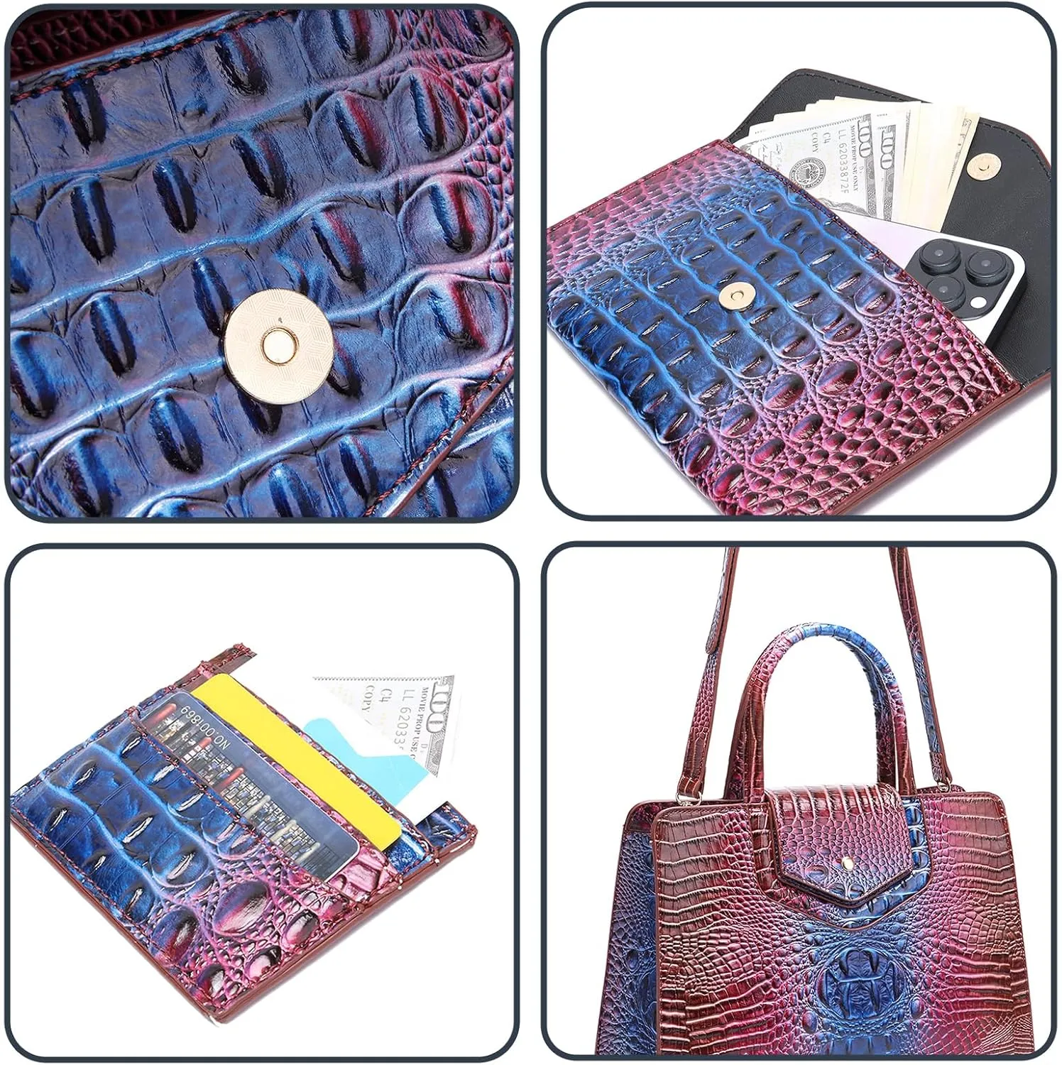 Women Embossed Pattern Satchel Handbags Wallet 3 pcs Set Crossbody Tote Top Handle Vegan Leather Ladies Bag