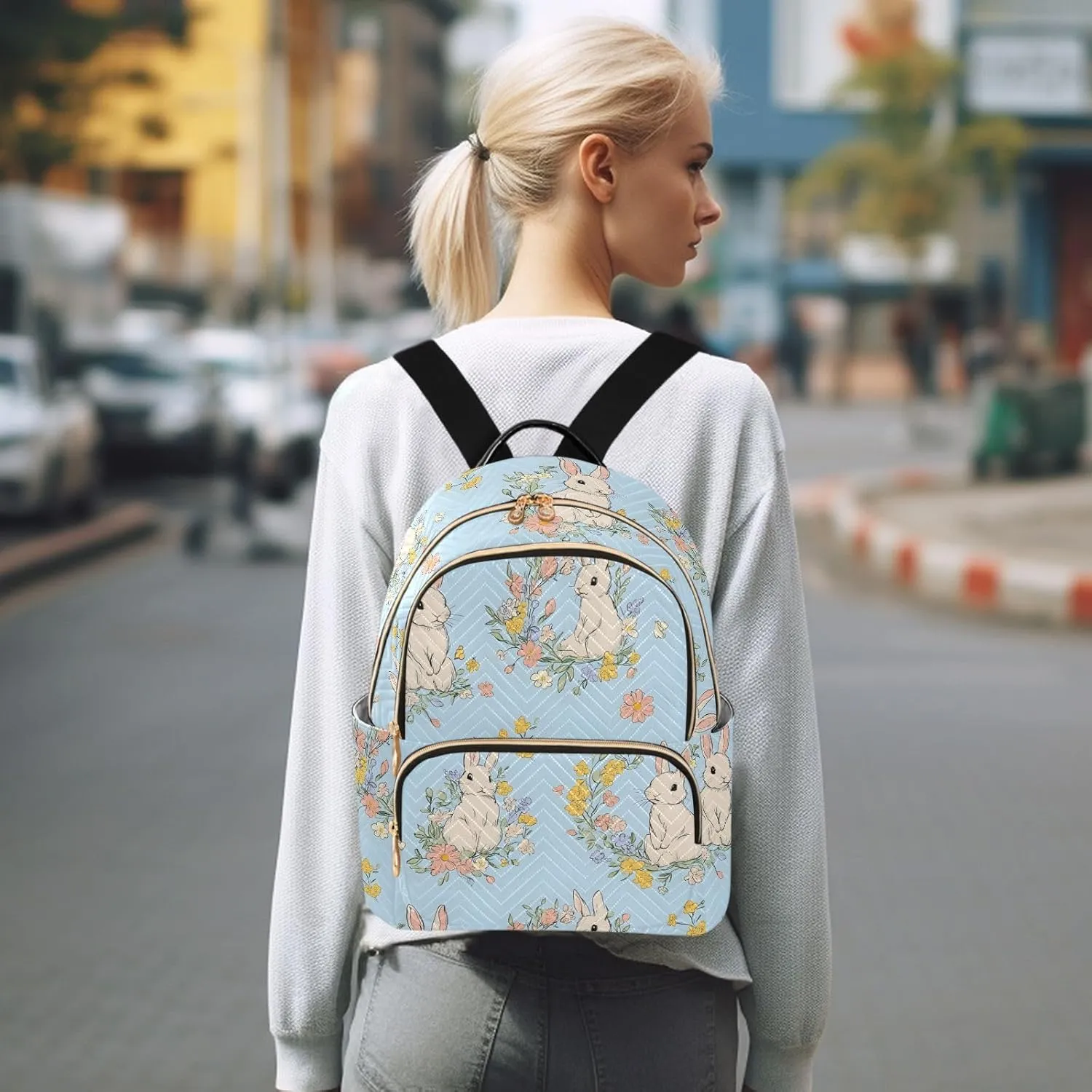 Women Fashion Backpack Purse Bunny Wreath Garland Mini Travel Backpack Ladies Shoulder Bag Work Daypack 14L
