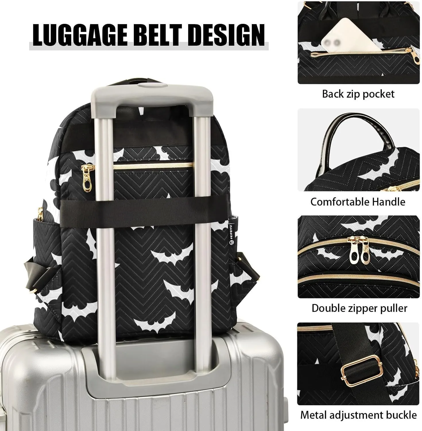 Women Fashion Backpack Purse Casual Lightweight Travel Shoulder Bag Halloween Bat Gothic Rucksack Ladies Bag, Medium