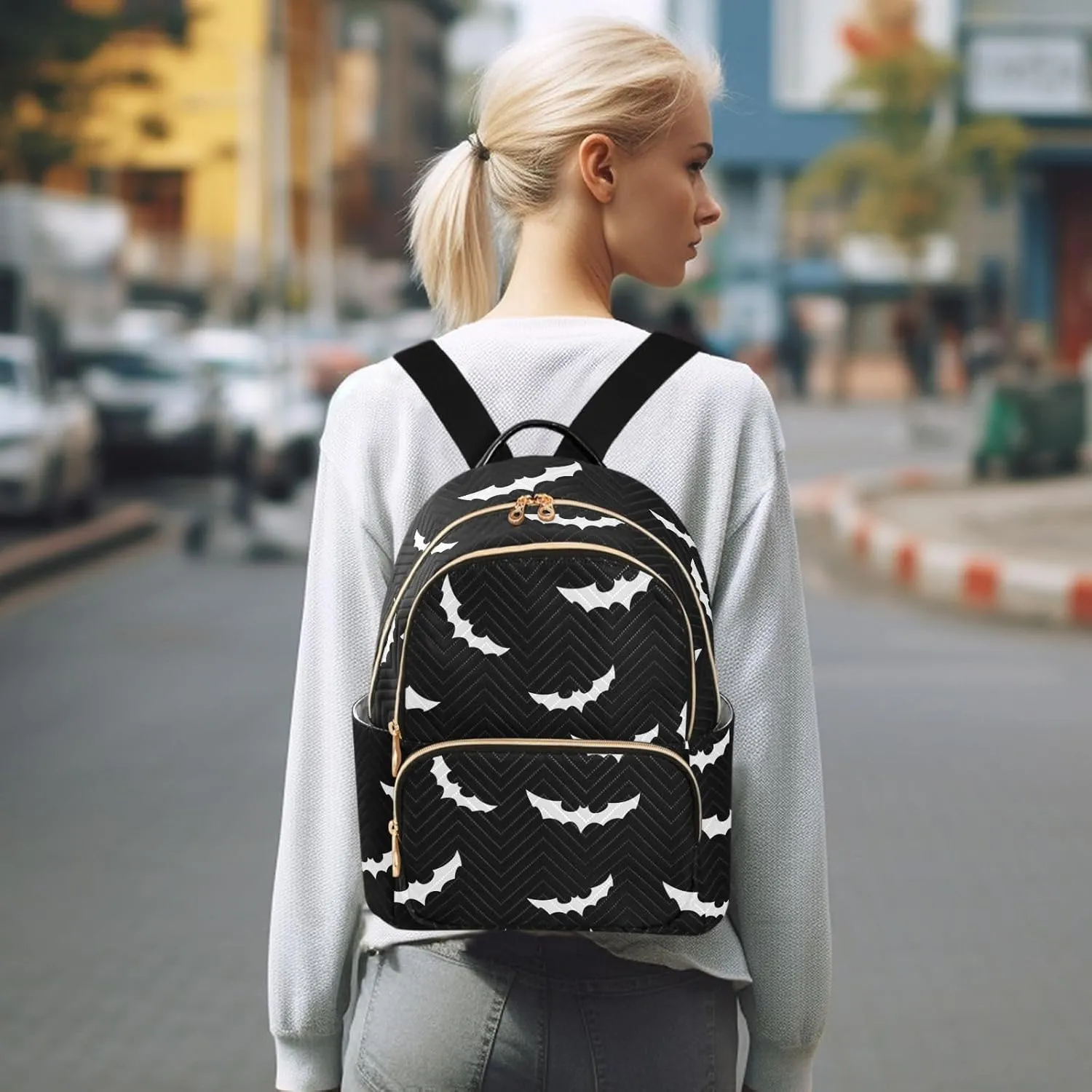 Women Fashion Backpack Purse Casual Lightweight Travel Shoulder Bag Halloween Bat Gothic Rucksack Ladies Bag, Medium