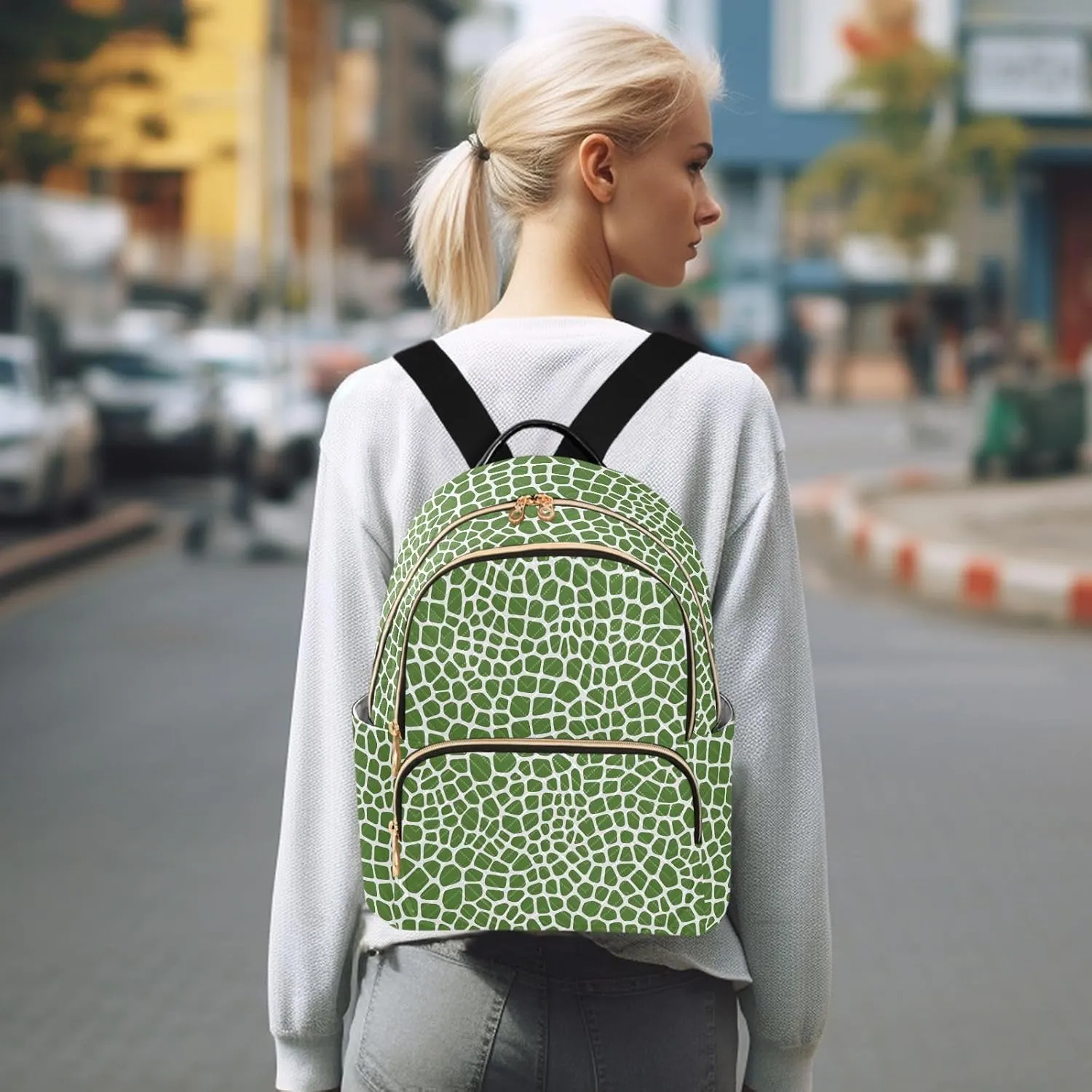 Women Fashion Backpack Purse Green Lizard Skin Texture Mini Travel Backpack Ladies Shoulder Bag Work Daypack 14L