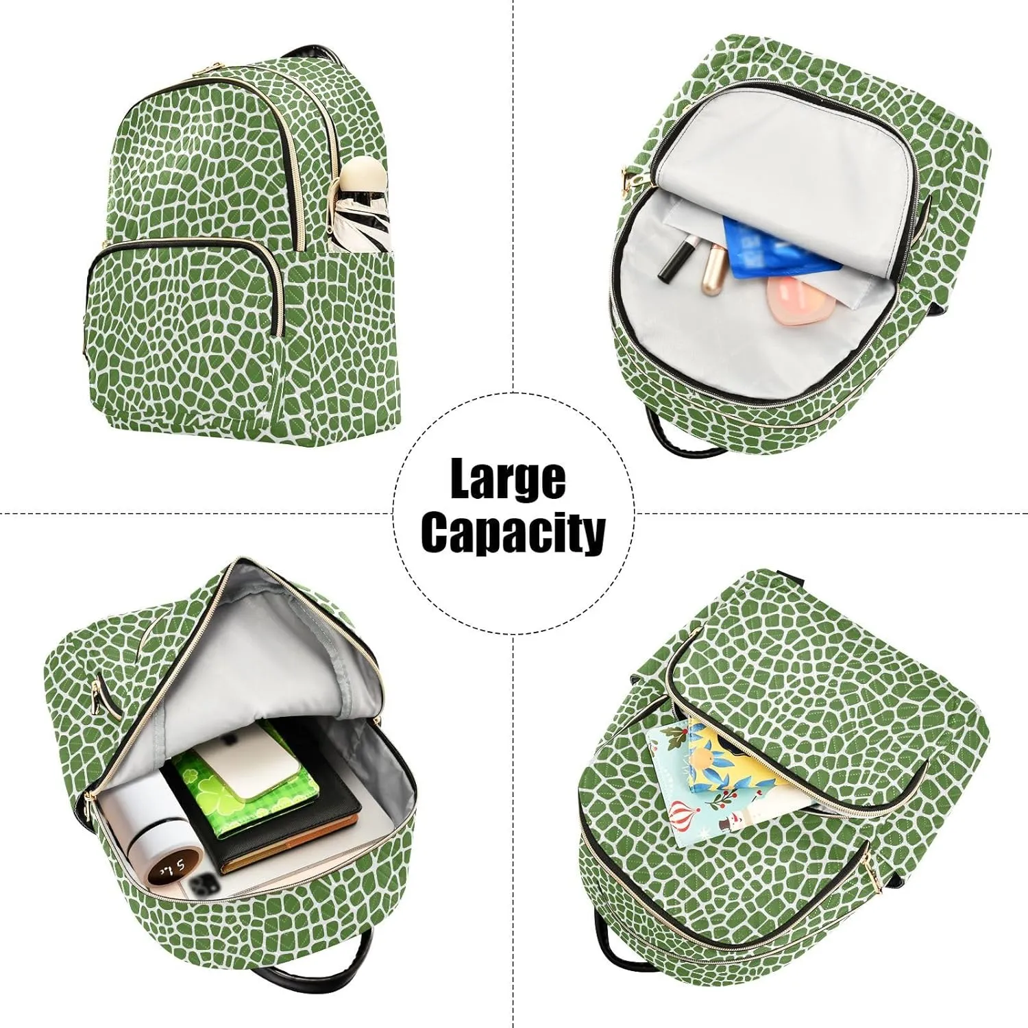 Women Fashion Backpack Purse Green Lizard Skin Texture Mini Travel Backpack Ladies Shoulder Bag Work Daypack 14L