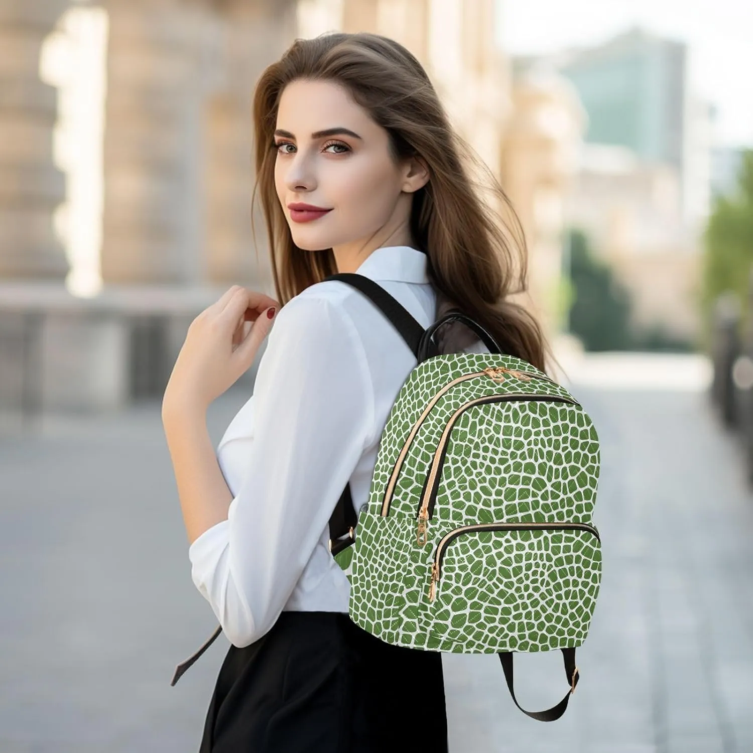 Women Fashion Backpack Purse Green Lizard Skin Texture Mini Travel Backpack Ladies Shoulder Bag Work Daypack 14L