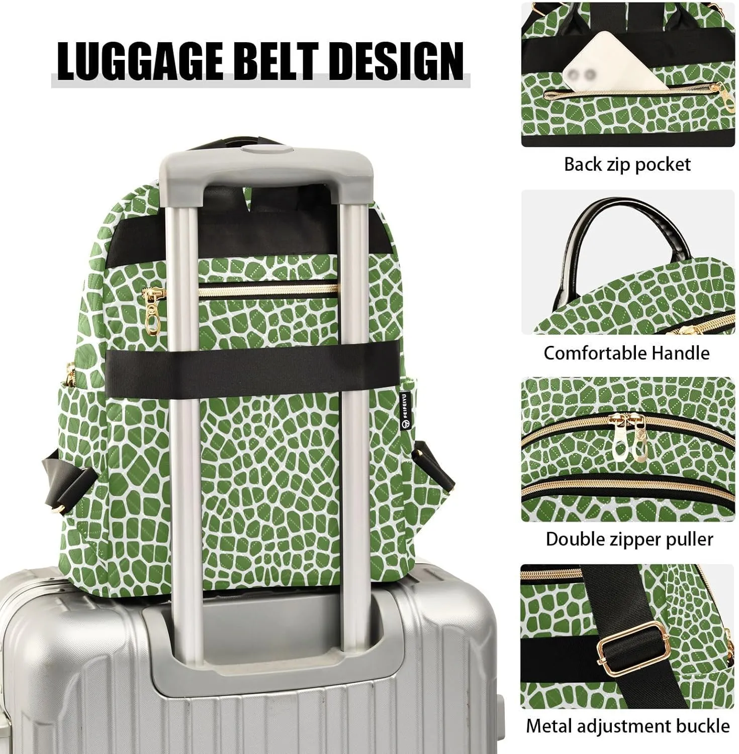 Women Fashion Backpack Purse Green Lizard Skin Texture Mini Travel Backpack Ladies Shoulder Bag Work Daypack 14L