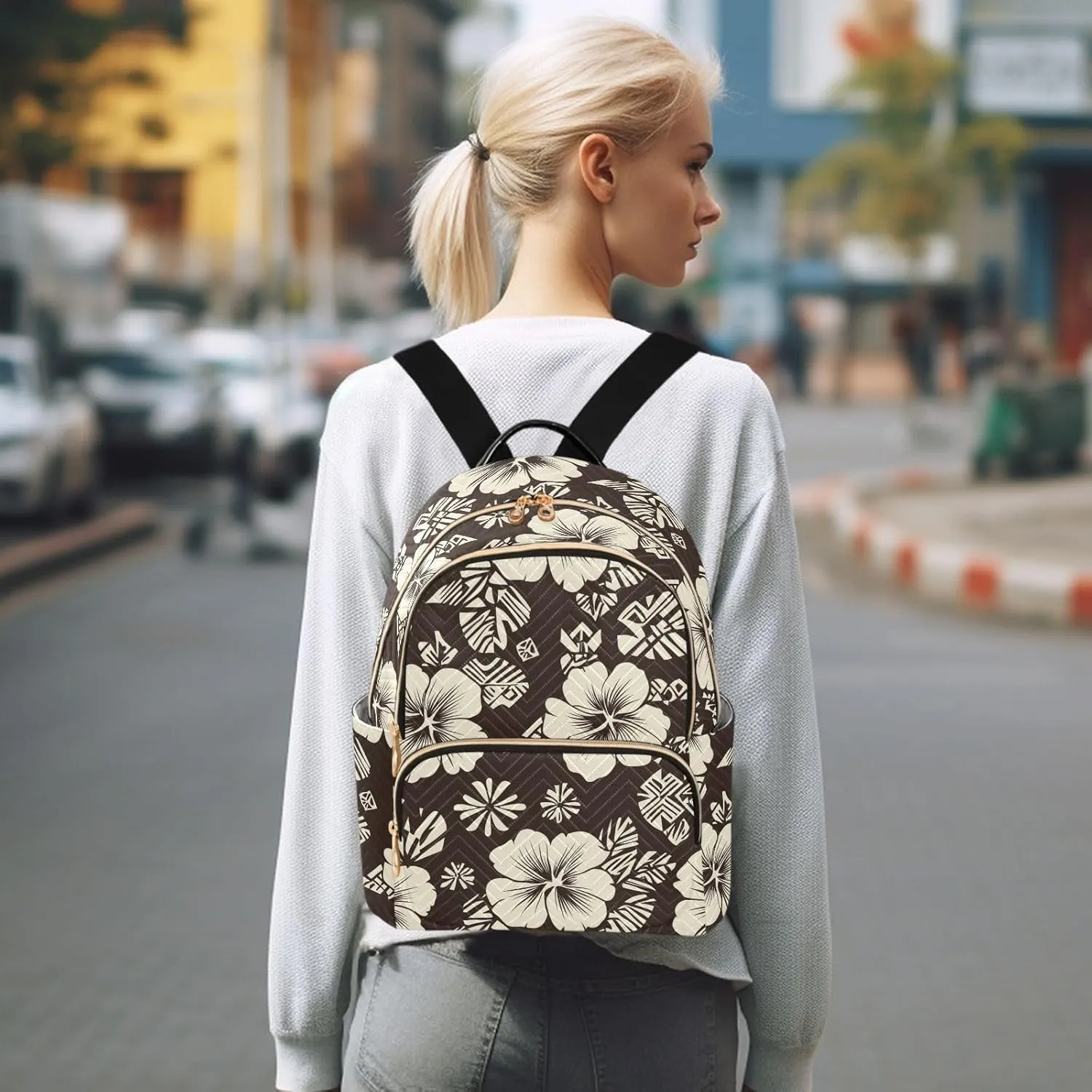 Women Fashion Backpack Purse Hawaiian Brown Hibiscus Flowers Mini Travel Backpack Ladies Shoulder Bag Work Daypack 14L
