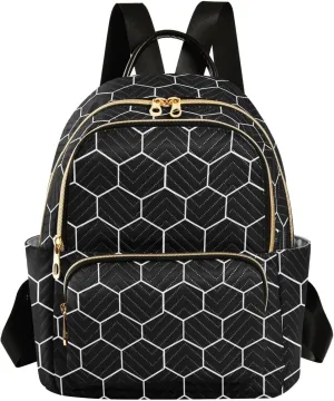 Women Fashion Backpack Purse Hexagonal Grids Black Background Mini Travel Backpack Ladies Shoulder Bag Work Daypack 14L